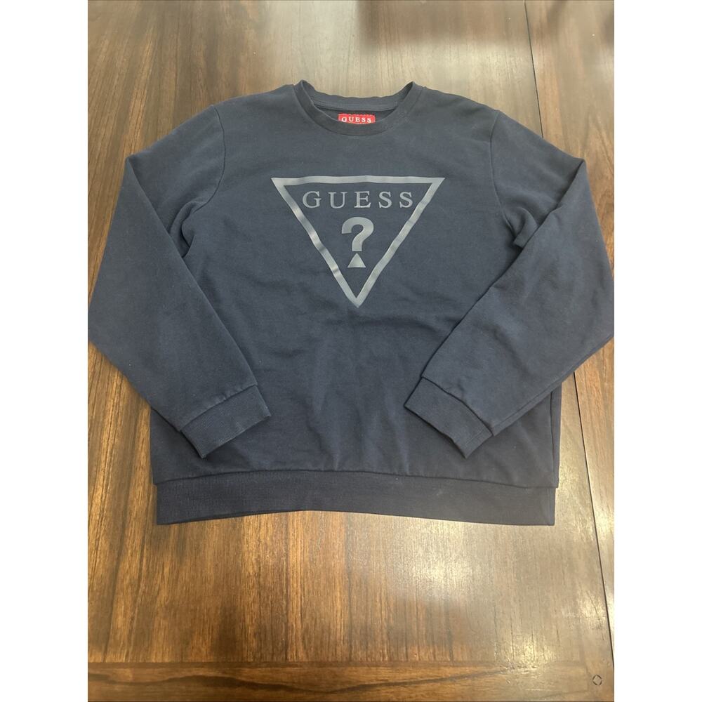 Guess Mens Navy Blue Crewneck Sweatshirt Pullover Logo Cotton Long Sleeve Sz XL